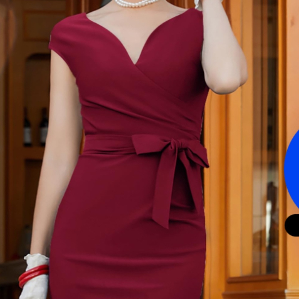 NEW Women's Muxxn Red Wrap V Neck‎ Tie Waist Formal Vintage Dress Sz L